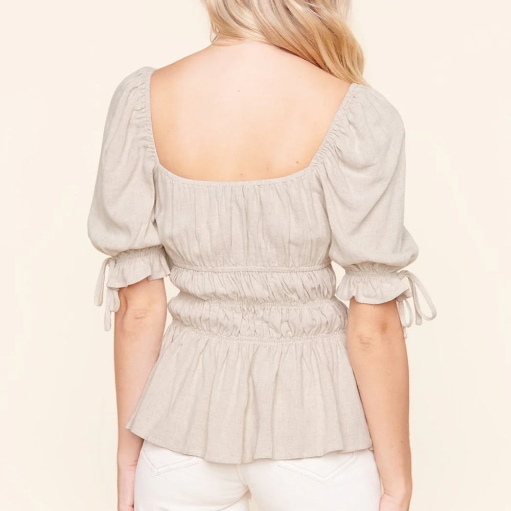 Reagan Linen puff sleeve peplum blouse - Picture 2 of 11
